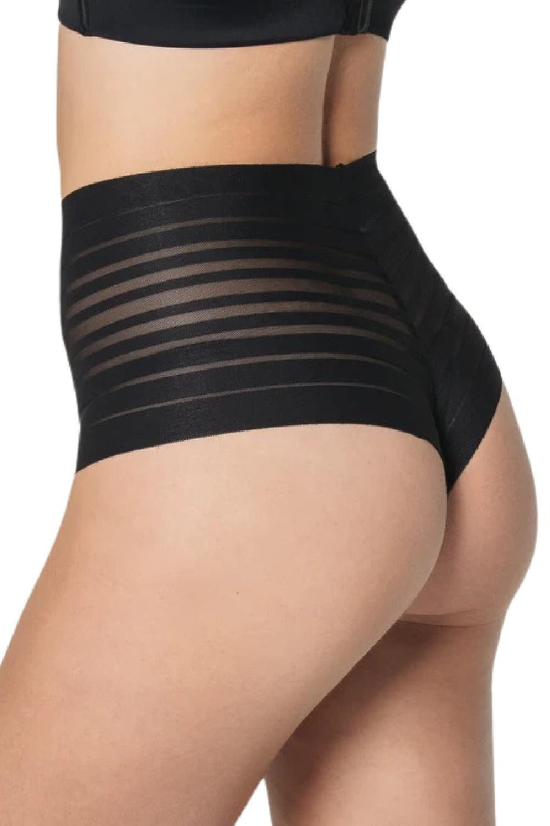 Leonisa Slimming Lace Stripe High-Waisted Thong 012890 Black