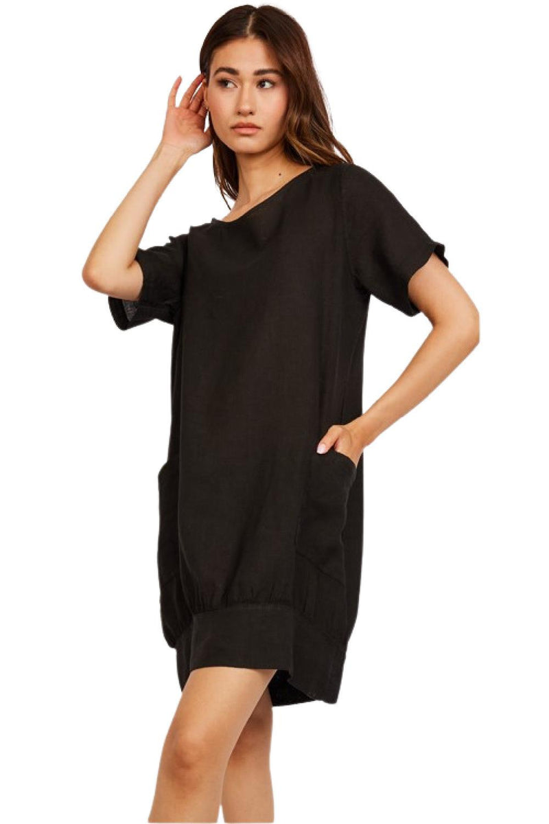 Pistache Linen Bubble Dress with Pockets D220661 Black