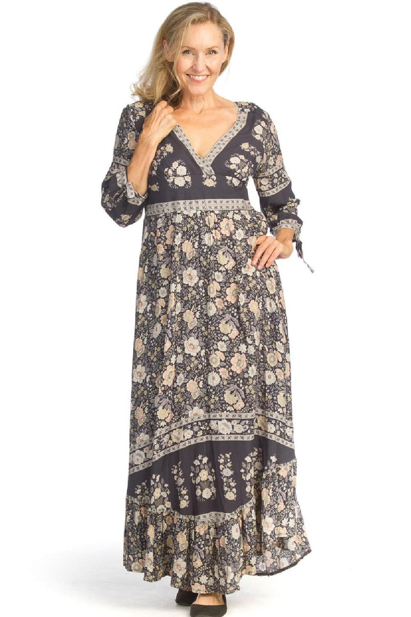 Papillon Floral border Empire Waist Maxi Dress with Tie Sleeves PD-14752