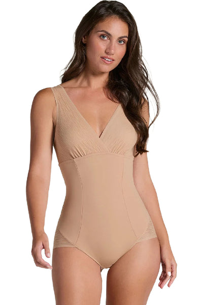 Leonisa Sheer Stripe Detail Sculpting Bodysuit, Golden Beige (018517)
