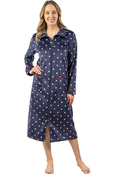 Patricia Silky Velvet Zip Front Robe, Navy White (122-C)