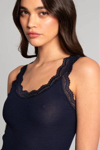 Oscalito Filoscozia Cotton Tank with Leavers Lace Trim, Blue (3162)
