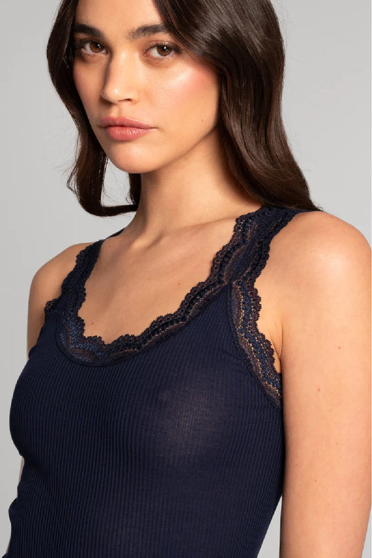 Oscalito Filoscozia Cotton Tank with Leavers Lace Trim, Blue (3162)
