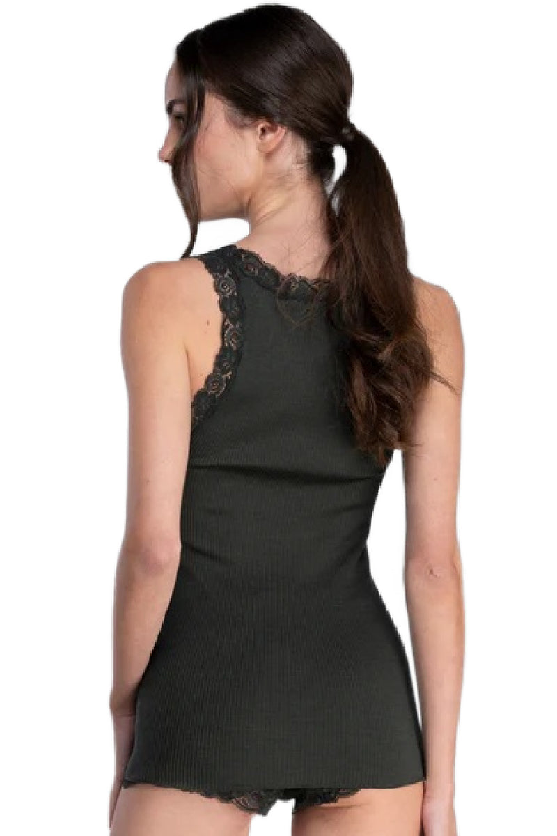 Oscalito Wool and Silk tank top with Leavers lace, Bosco (3410)