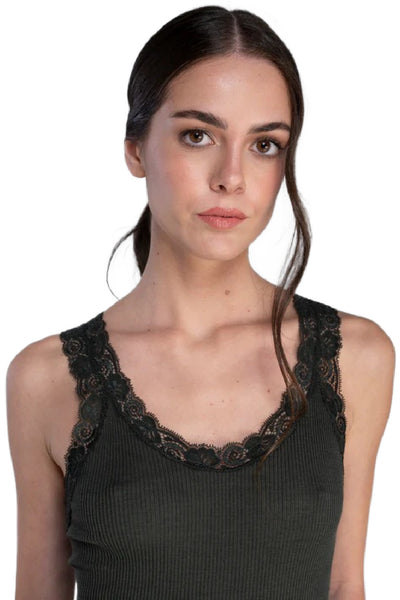 Oscalito Wool and Silk tank top with Leavers lace, Bosco (3410)