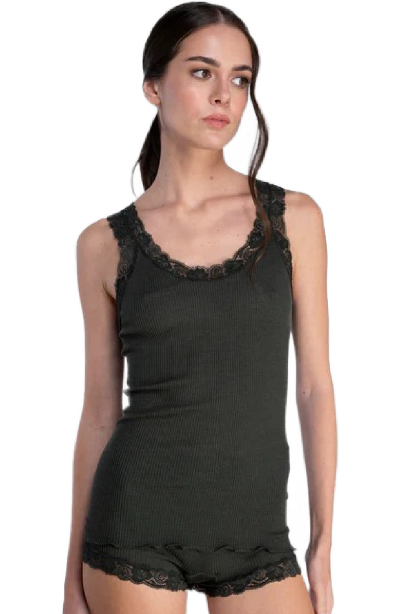 Oscalito Wool and Silk tank top with Leavers lace, Bosco (3410)