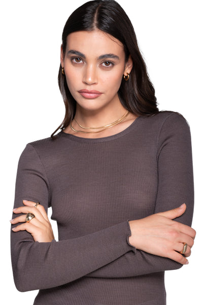 Oscalito Wool and Silk Long Sleeves Roundneck Top, Taupe (3446R)
