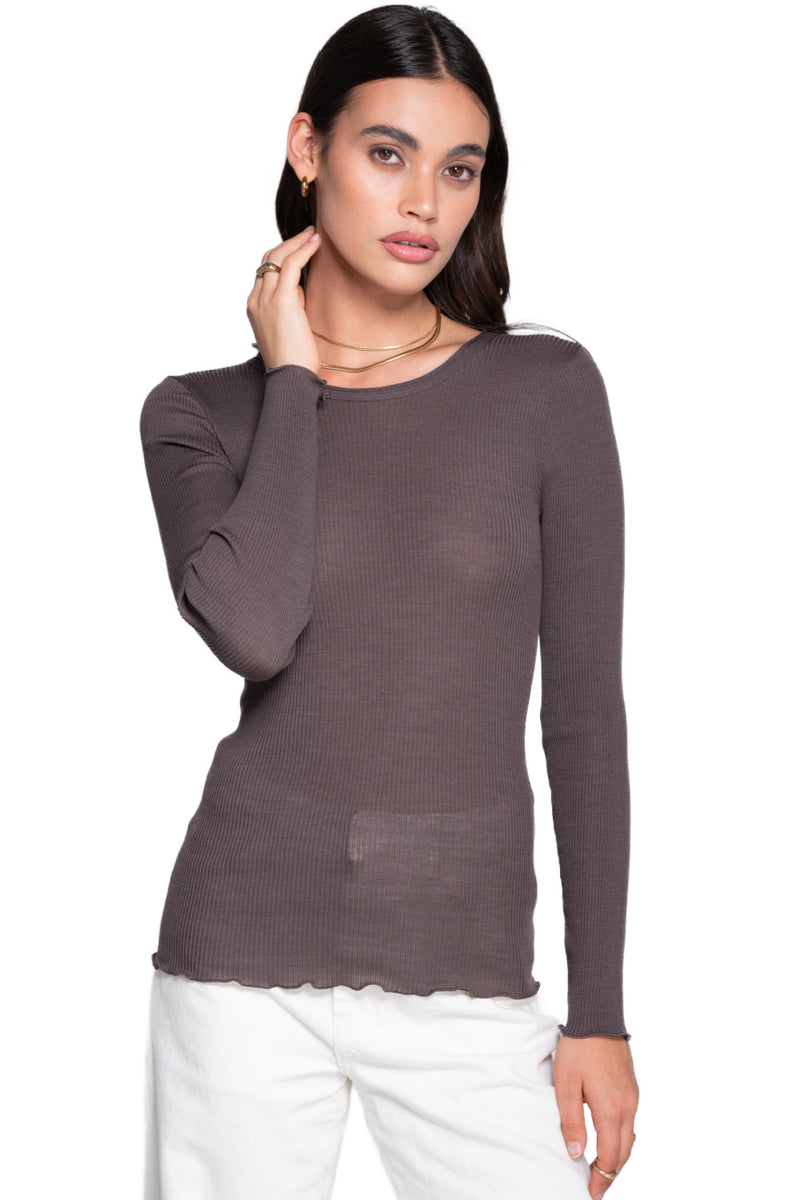 Oscalito Wool and Silk Long Sleeves Roundneck Top, Taupe (3446R)