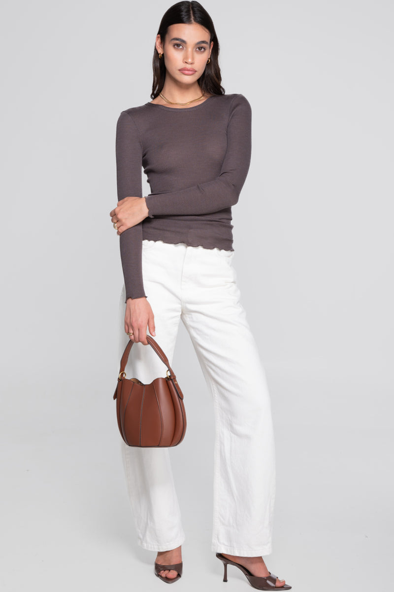 Oscalito Wool and Silk Long Sleeves Roundneck Top, Taupe (3446R)
