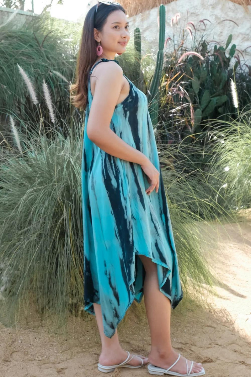 Suzie Blue Abstract Tie Dye Handkerchief Dress, Blue (LS1321BU)