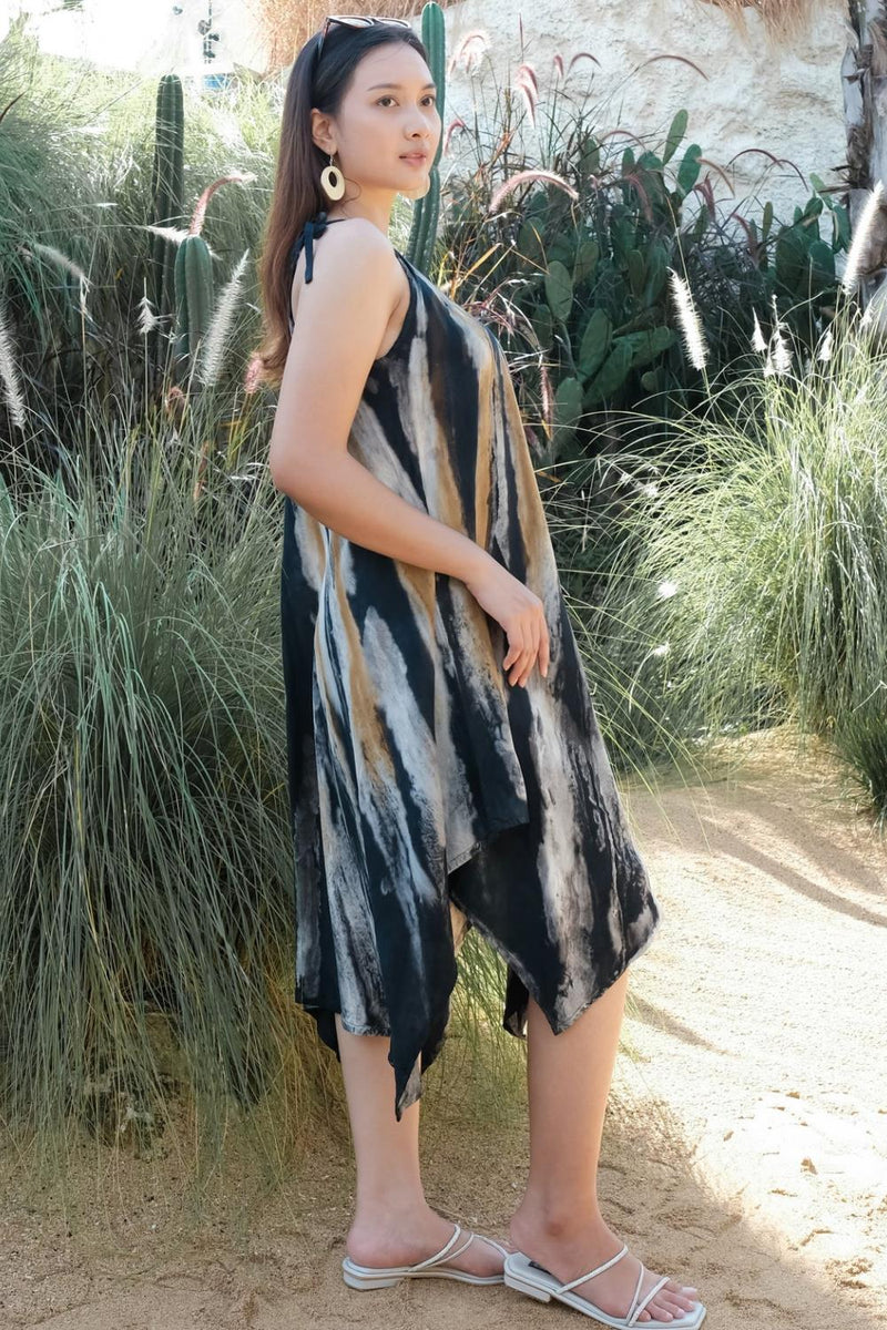 Suzie Blue Abstract Tie Dye Handkerchief Dress, Grey/Gold (LS1321GY)