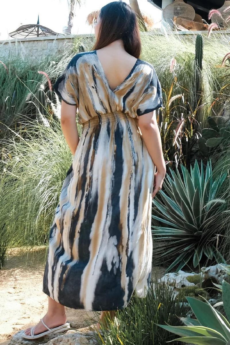 Abstract Tie Dye V-Neck Dress LS1325GY Grey/Gold