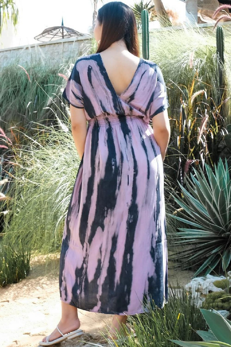 Abstract Tie Dye V-Neck Maxi Dress LS1325PU Purple