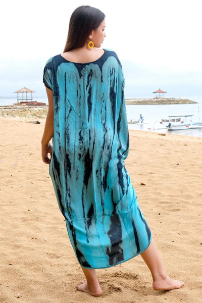 Suzie Blue Abstract Tie Dye Kaftan Dress, Blue (LS1320BU)