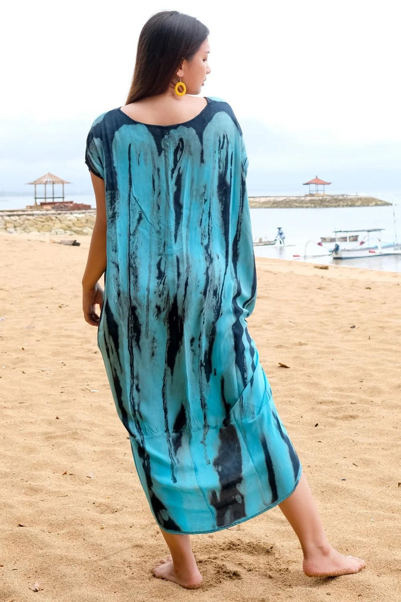 Suzie Blue Abstract Tie Dye Kaftan Dress, Blue (LS1320BU)