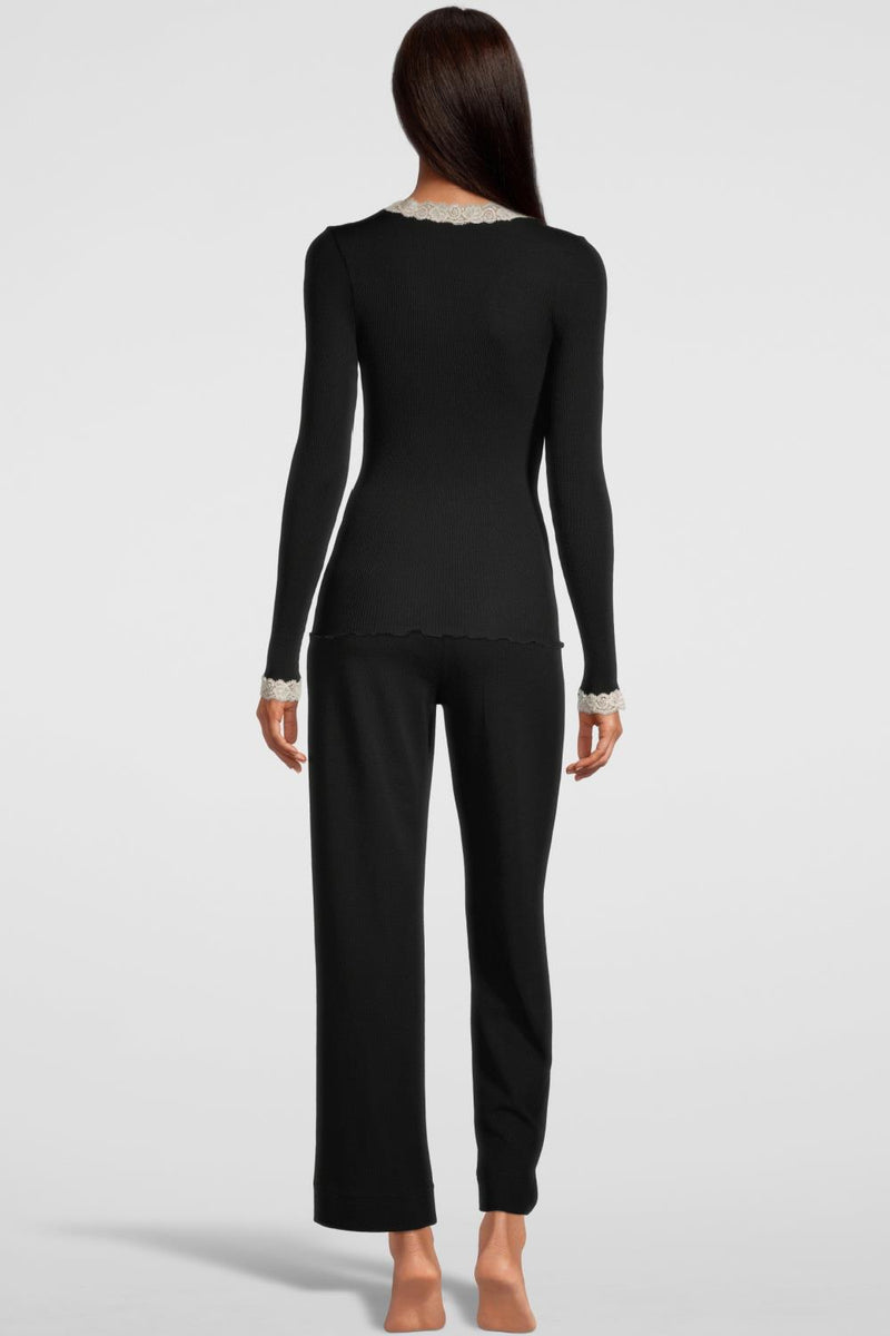 Oscalito Ribbed Long Sleeves Wool & Silk Top 3404 Black/Beige
