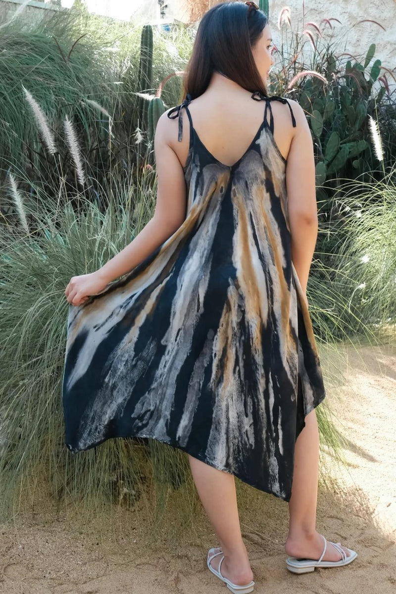 Suzie Blue Abstract Tie Dye Handkerchief Dress, Grey/Gold (LS1321GY)