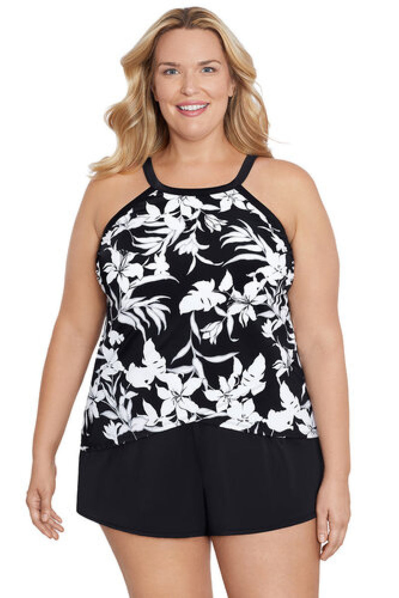 Shape Solver Plus Nightshade High Neck Tankini Top, Black/White (60200320X)