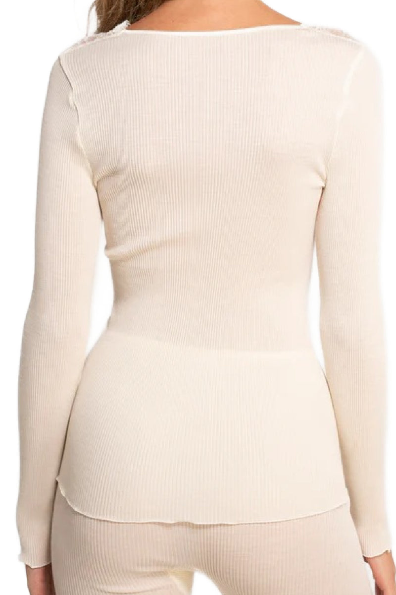 Oscalito Wool & Silk Long Sleeves Shirt with Leavers Lace, Ivory (7410)