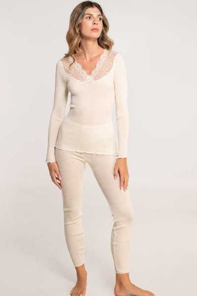 Oscalito Wool & Silk Long Sleeves Shirt with Leavers Lace, Ivory (7410)