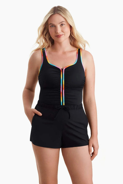 Shape Solver Sport Shirred Zipper Runaround One Piece, Black Multi (80005167)