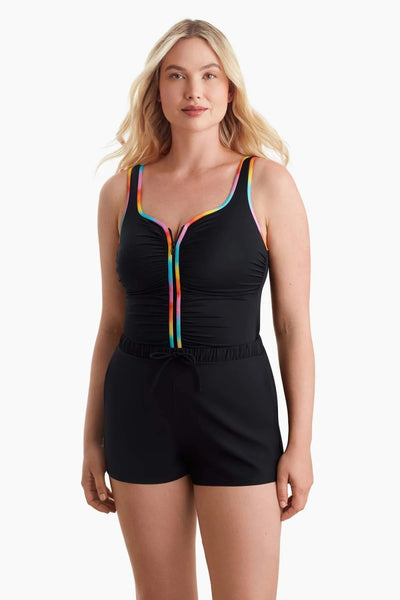 Shape Solver Sport Shirred Zipper Runaround One Piece, Black Multi (80005167)