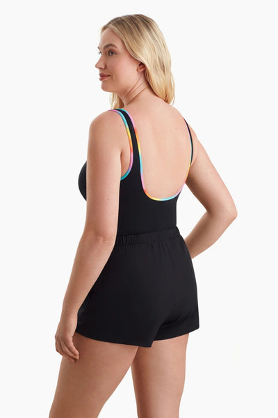 Shape Solver Sport Shirred Zipper Runaround One Piece, Black Multi (80005167)