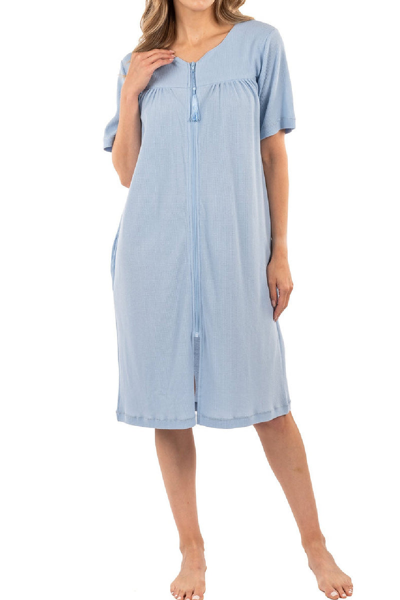 Patricia Waffle Knit 40" Zip Front Robe, Blue (986-3C)