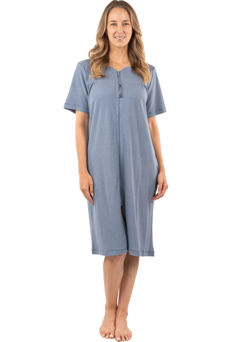 Patricia Waffle Knit 40" Zip Front Robe, Denim (986-3C)