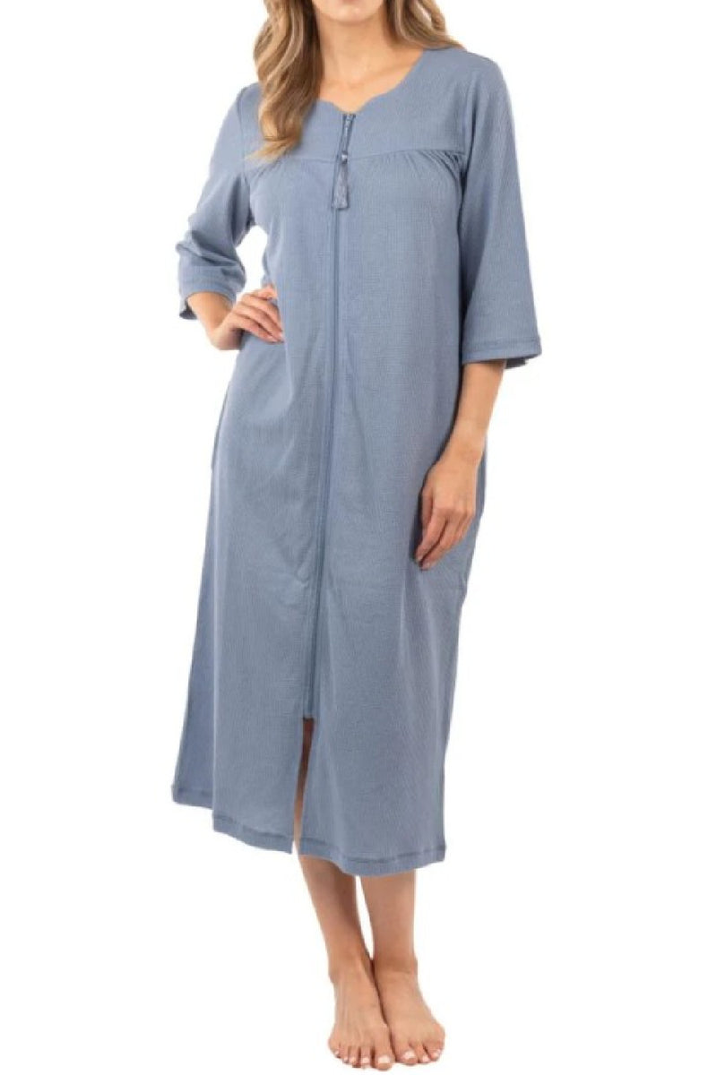 Patricia Waffle Knit 46" Zip Front Robe, Denim (986-C)
