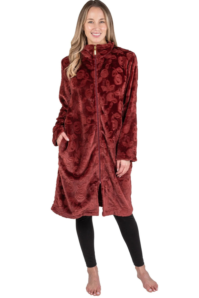 Patricia Plush Embossed 40" Zip Front Robe, Wine (996-3C)