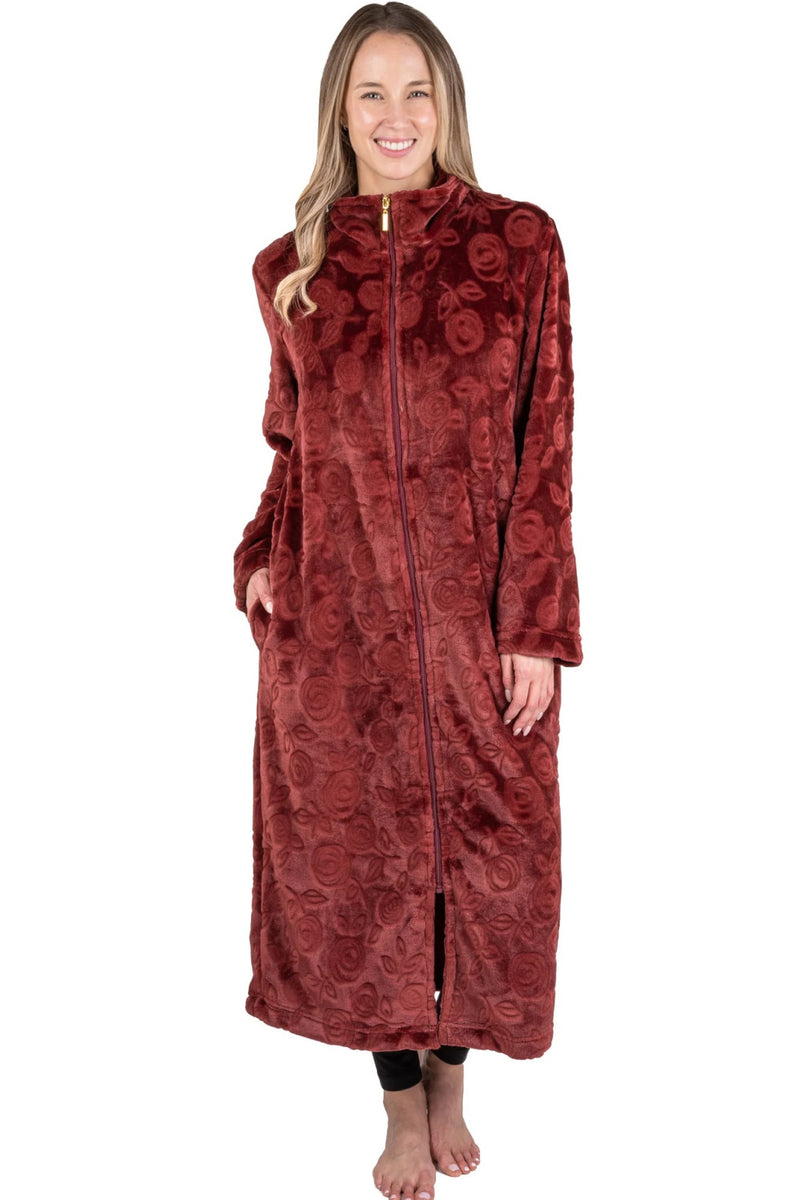 Patricia Plush Embossed 48" Zip Front Robe, Wine (996-C)
