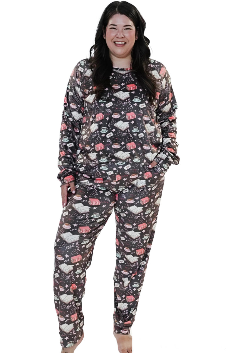 Cloud Nine Pajamas Velvety Velour Long Sleeves Lounge Set, Bookclub Café (MN600VVT/J)