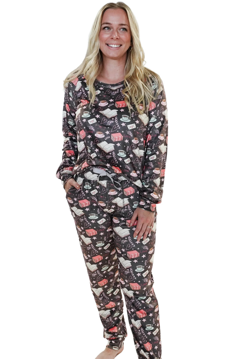 Cloud Nine Pajamas Velvety Velour Long Sleeves Lounge Set, Bookclub Café (MN600VVT/J)