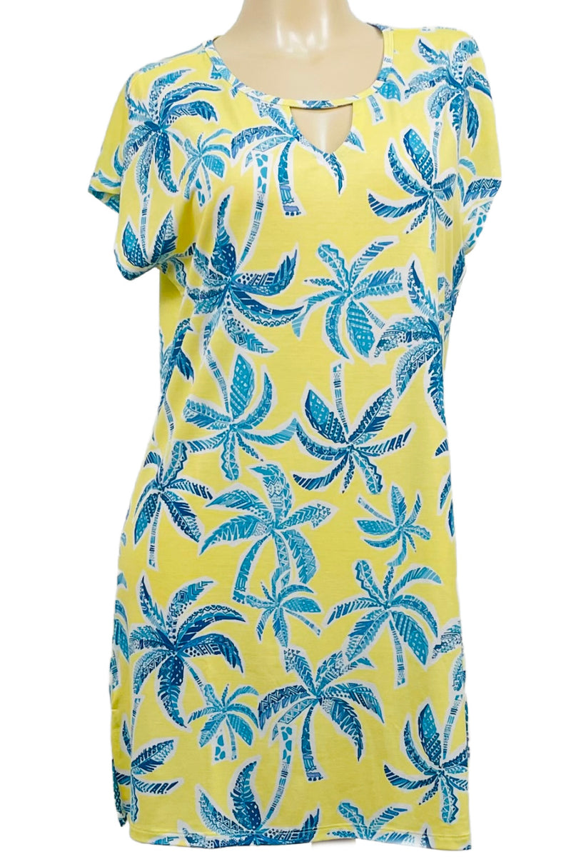 Cool Girl Mai Tai Short Sleeves Sleepshirt, Yellow Palm Print (C325206)