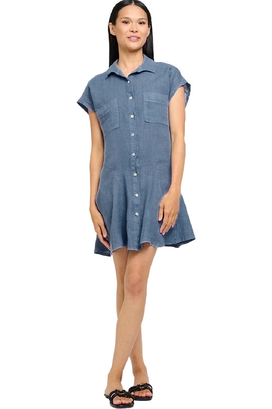 Pistache Linen Shirt Dress, Azure Blue (D-233021)