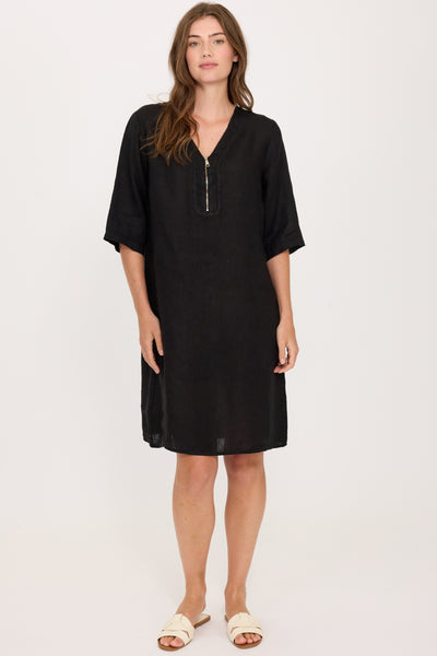 Pistache Linen Zipper Dress, Black (E25033)