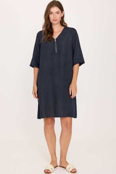 Pistache Linen Zippered Dress, Midnight Navy (E25033)