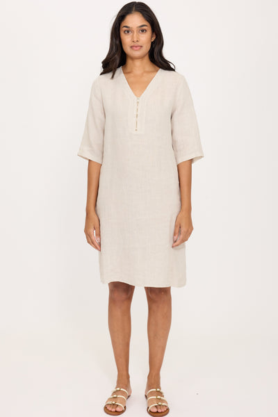 Pistache Linen Zippered Dress, Summer Beige (E25033)