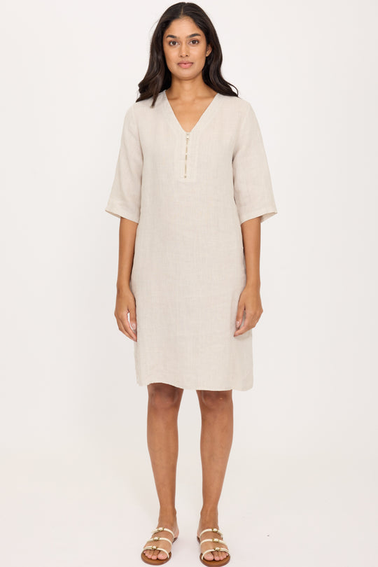 Pistache Linen Zippered Dress, Summer Beige (E25033)