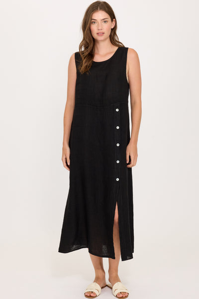 Pistache Linen Sleeveless Side Button Dress, Black (E25063)