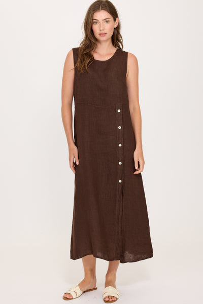 Pistache Linen Sleeveless Side Button Dress, Coffee Caffe (E25063)