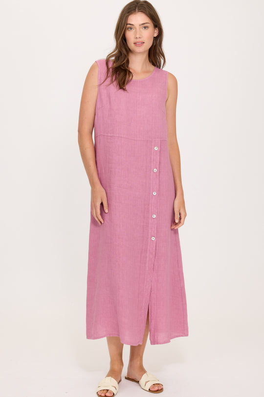 Pistache Linen Sleeveless Side Button Dress, Peony (E25063)