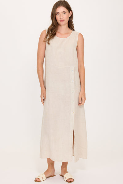 Pistache Linen Sleeveless Side Button Dress, Summer Beige (E25063)