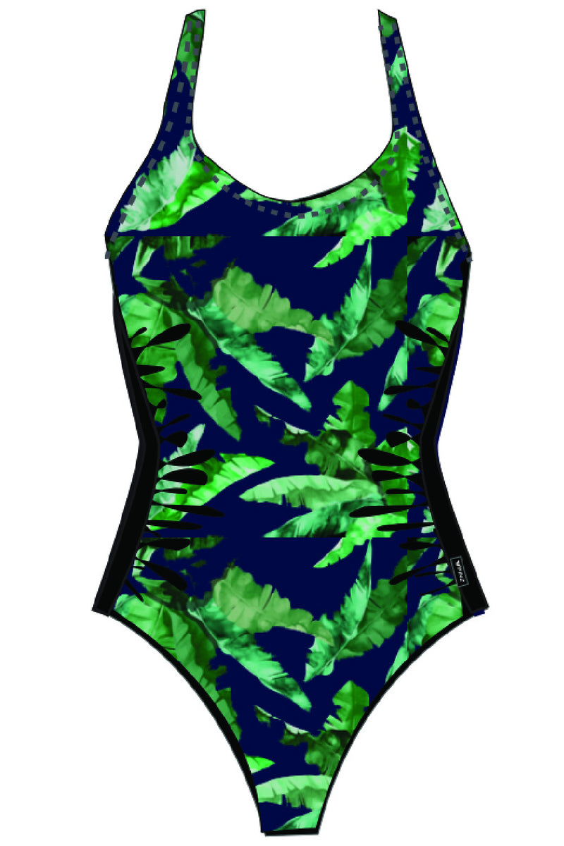 Finz Exotic Palm Ruched One Piece Swimsuit , Navy (FZW2010C)