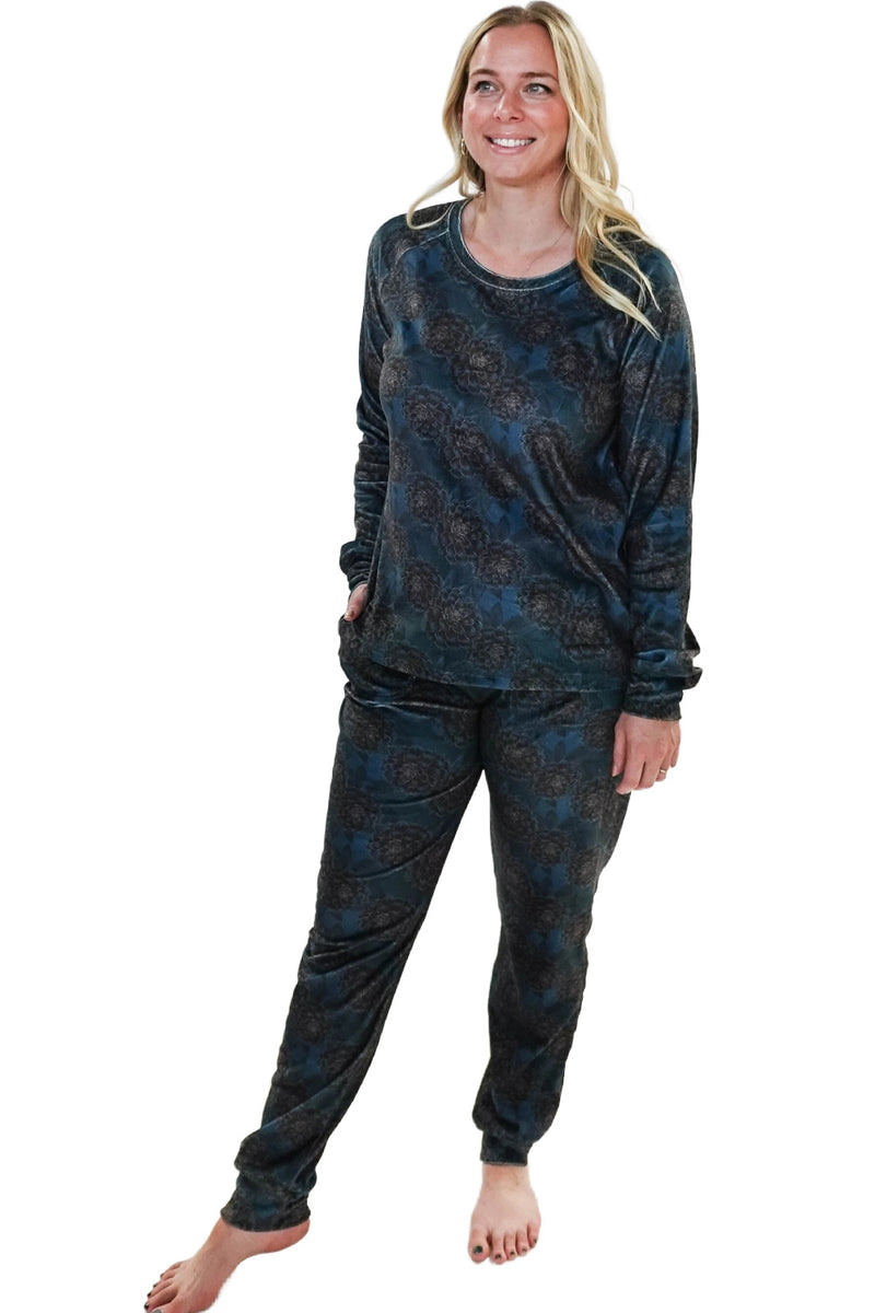 Cloud Nine Pajamas Velvety Velour Long Sleeves Lounge Set, Golden Dahlias (MN600VVT/J)