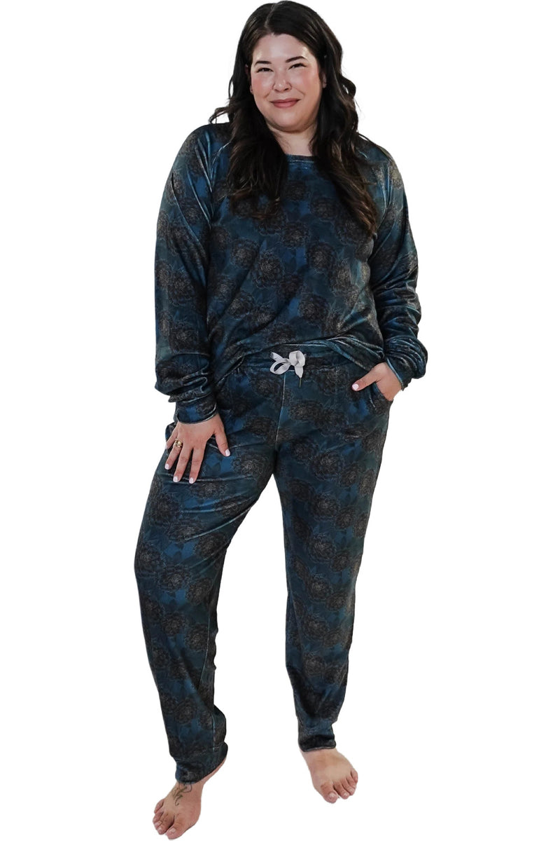 Cloud Nine Pajamas Velvety Velour Long Sleeves Lounge Set, Golden Dahlias (MN600VVT/J)