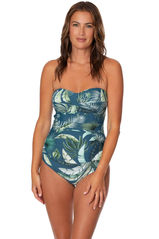Jantzen Palm Toile Flora Bandeau Swimsuit, Depths (JZ26106M)