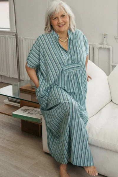 Pokoloko Cotton Kaftan, Turquoise Stripe (KAF6)