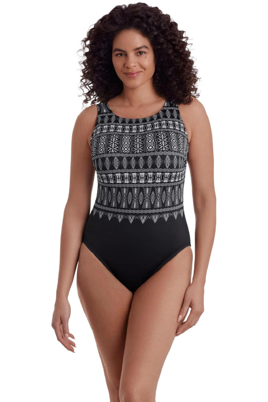 Longitude Long Torso Tribal Nights Mastectomy Swimsuit , Black / White (L260105M)